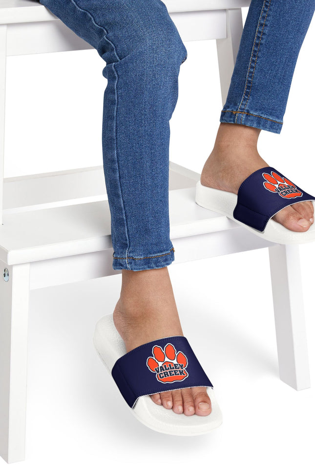 Valley Creek Youth Slide Sandals — Navy with Orange Paw Logo