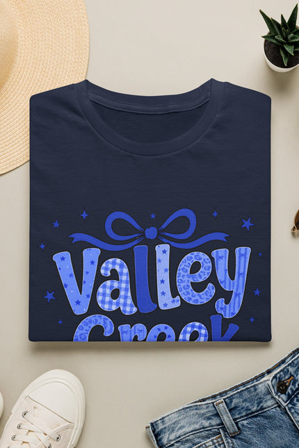 Valley Creek T-Shirt — Retro Bubble Script Tee with Ribbon & Stars