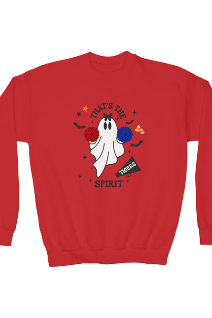 Youth Crewneck Sweatshirt — "That's The Spirit" Cheerful Ghost School Spirit Crew