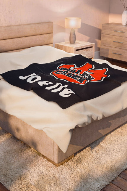 Velveteen Blanket – "Valley Creek" Paw Logo Personalized with Name (Joelle)