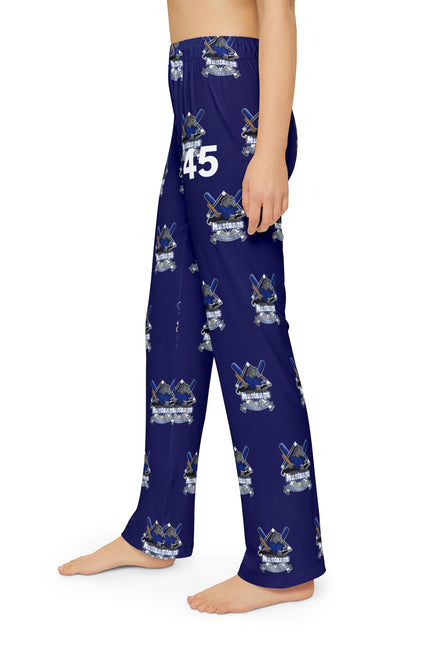 Kids Lounge Pants — Blue All-Over Print Baseball Mascot with Number 45