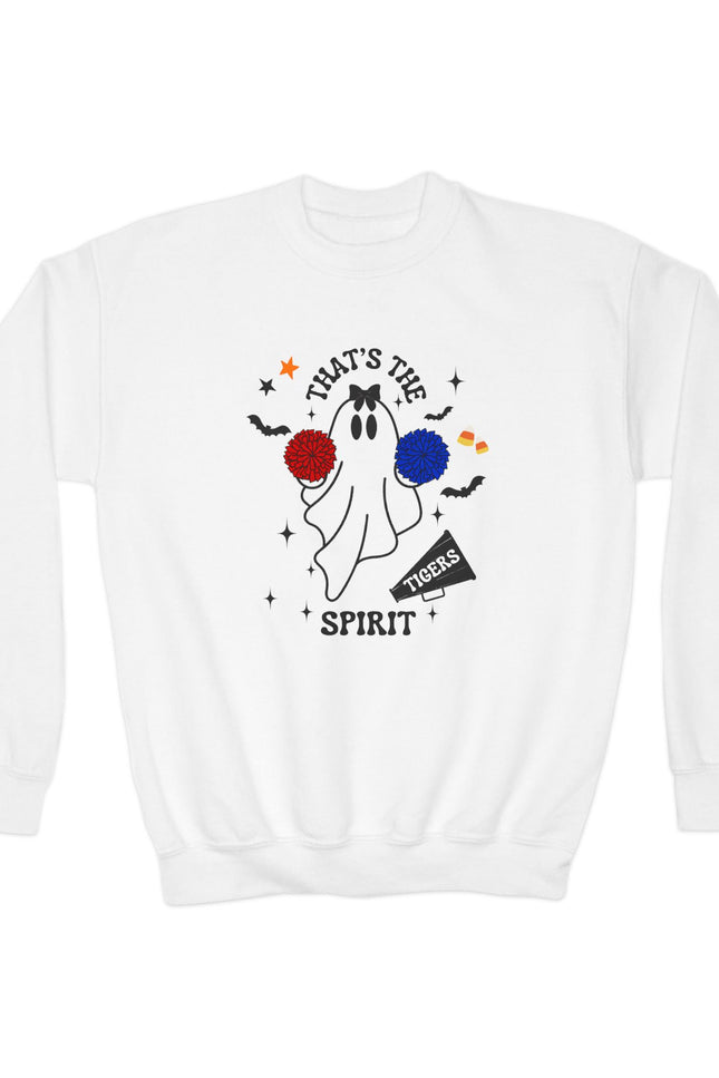 Youth Crewneck Sweatshirt — "That's The Spirit" Cheerful Ghost School Spirit Crew