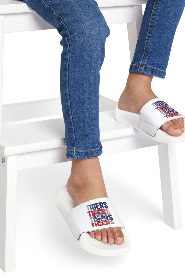 Youth Tigers Slide Sandals – Adjustable Removable-Strap White Slides with Tiger Mascot