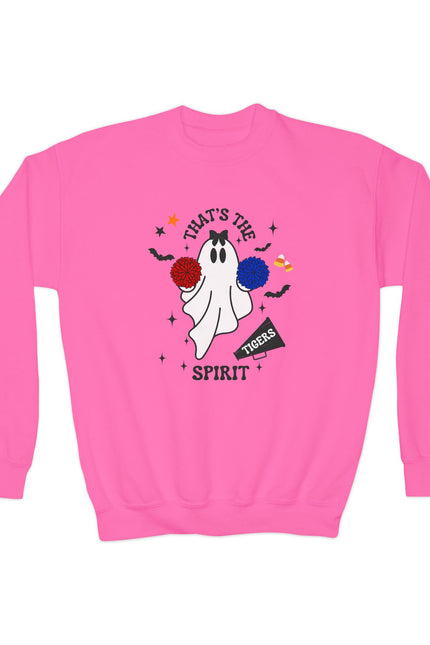 Youth Crewneck Sweatshirt — "That's The Spirit" Cheerful Ghost School Spirit Crew
