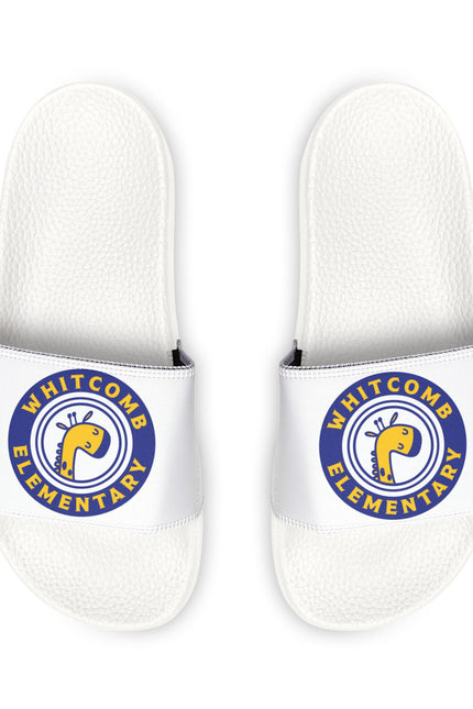 Whitcomb Youth School Logo Slide Sandals — White Adjustable Strap