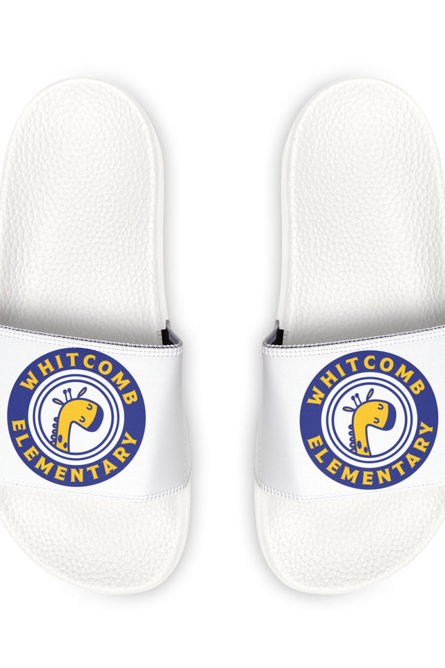 Whitcomb Youth School Logo Slide Sandals — White Adjustable Strap