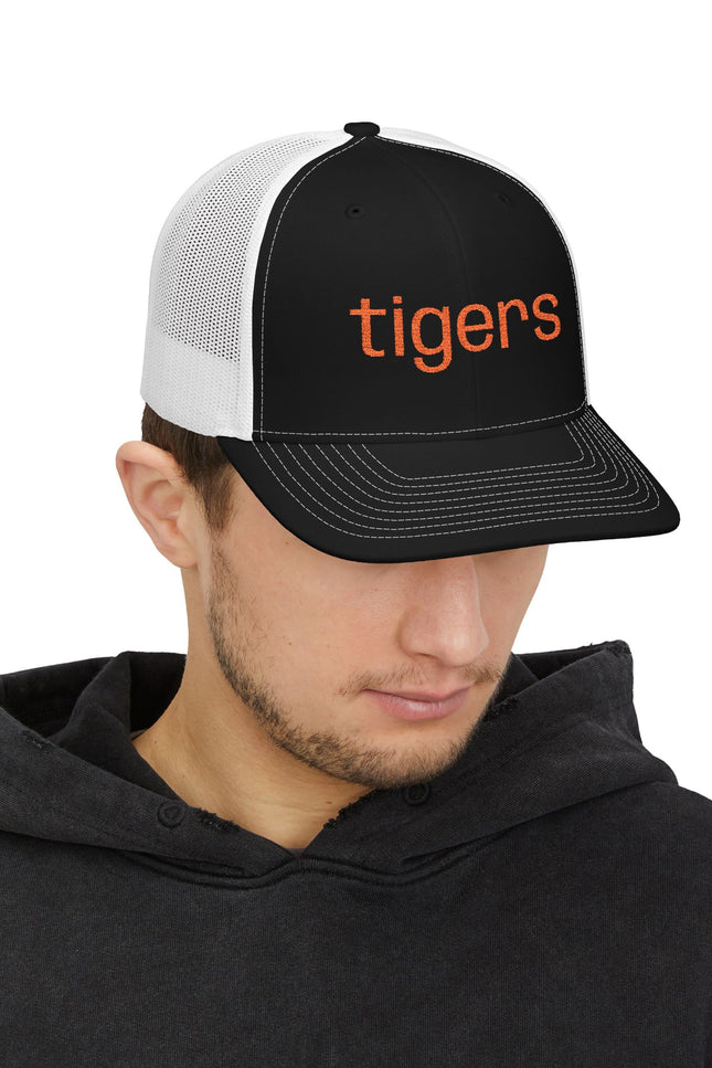 Tigers Snapback Trucker Cap — Retro Orange Embroidered Mesh Hat