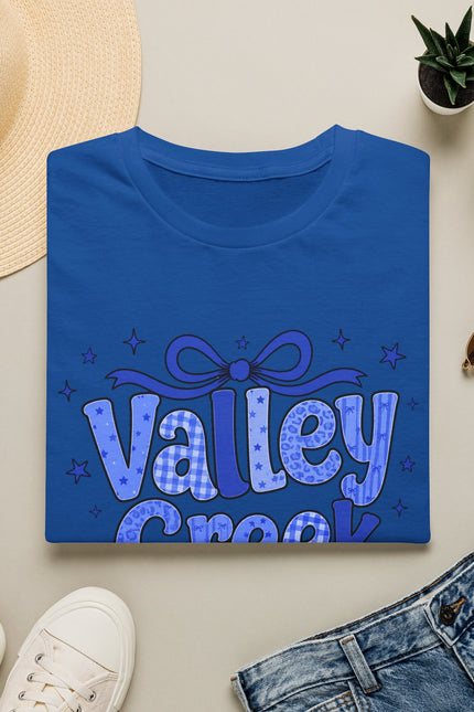 Valley Creek T-Shirt — Retro Bubble Script Tee with Ribbon & Stars