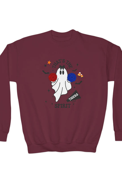 Youth Crewneck Sweatshirt — "That's The Spirit" Cheerful Ghost School Spirit Crew