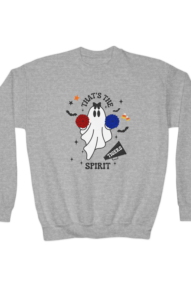 Youth Crewneck Sweatshirt — "That's The Spirit" Cheerful Ghost School Spirit Crew