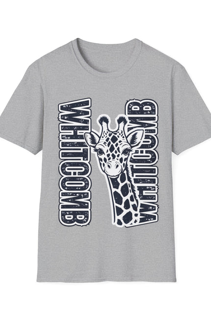 Adult Giraffe Peeking Graphic T-Shirt — 'WHITECOMB' Vertical Logo Tee