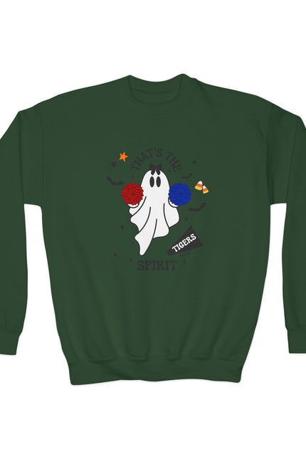 Youth Crewneck Sweatshirt — "That's The Spirit" Cheerful Ghost School Spirit Crew