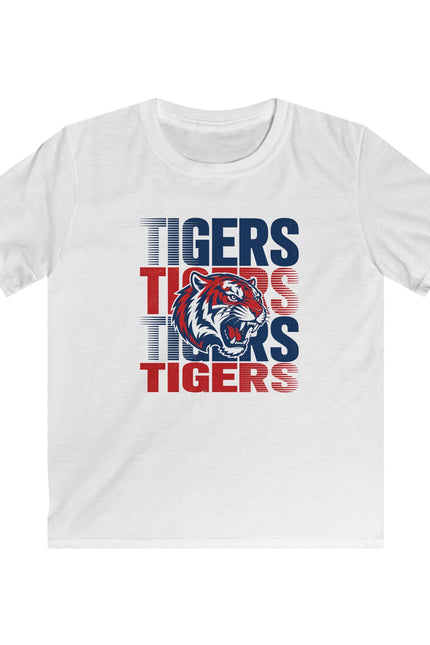 Kids Tigers Graphic Tee — Red & Blue Retro Tiger Mascot Shirt