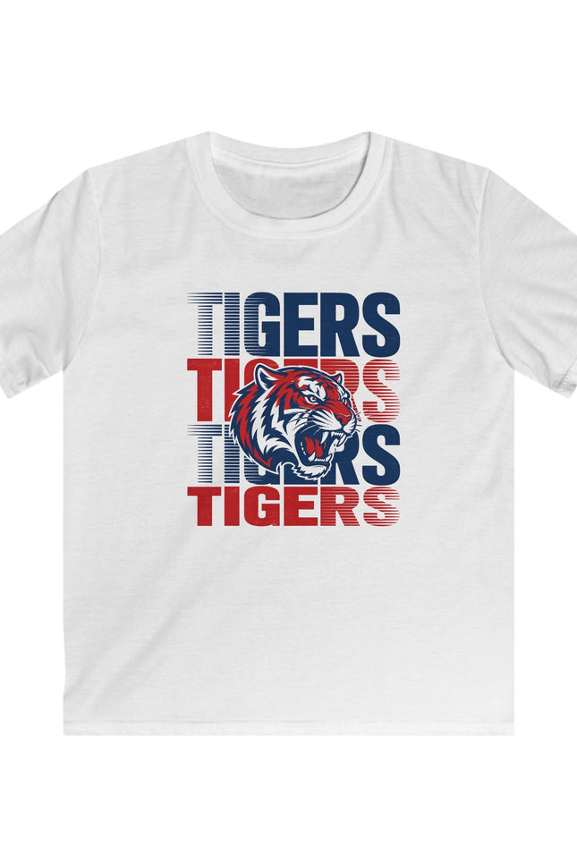 Kids Tigers Graphic Tee — Red & Blue Retro Tiger Mascot Shirt
