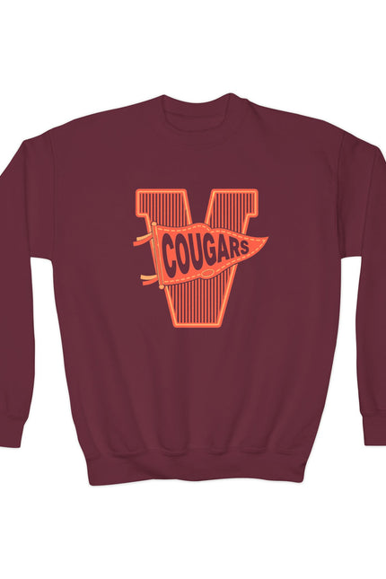 Youth Crewneck Sweatshirt - Vintage Letter V Cougars School Spirit Pullover