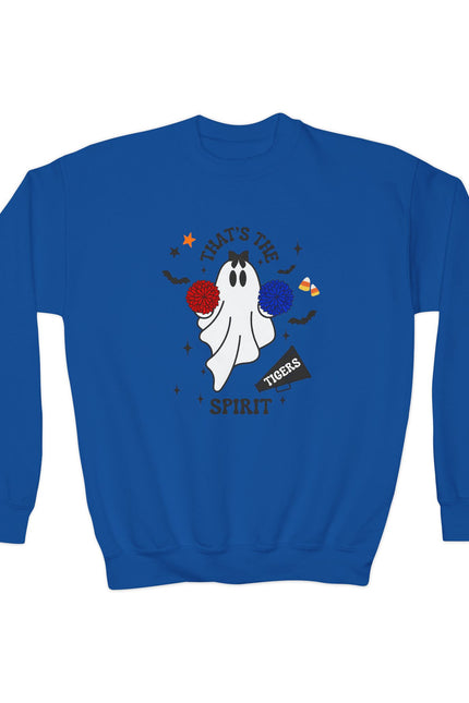 Youth Crewneck Sweatshirt — "That's The Spirit" Cheerful Ghost School Spirit Crew