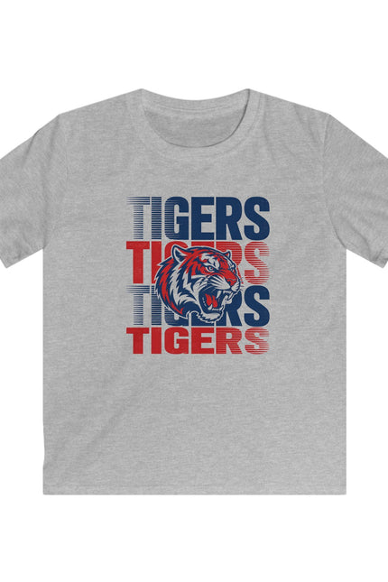 Kids Tigers Graphic Tee — Red & Blue Retro Tiger Mascot Shirt
