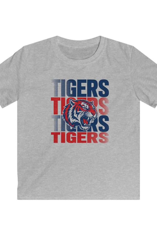 Kids Tigers Graphic Tee — Red & Blue Retro Tiger Mascot Shirt