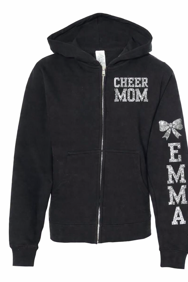 Cheer Mom Glitter Zip Hoodie – Custom Name Sleeve