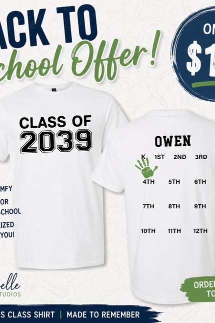 Product Title: Personalized Class of 2039 Grow-With-Me Back to School Shirt – Handprint Graduation Keepsake