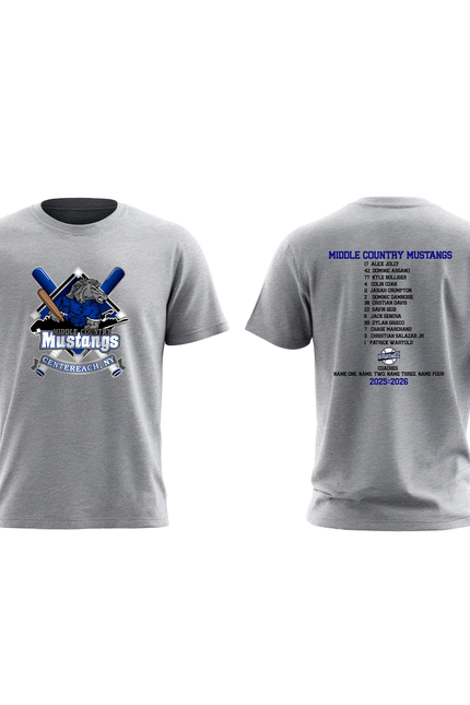 Middle Country Mustangs Team Roster T-Shirt | Front Logo + Player Roster Back