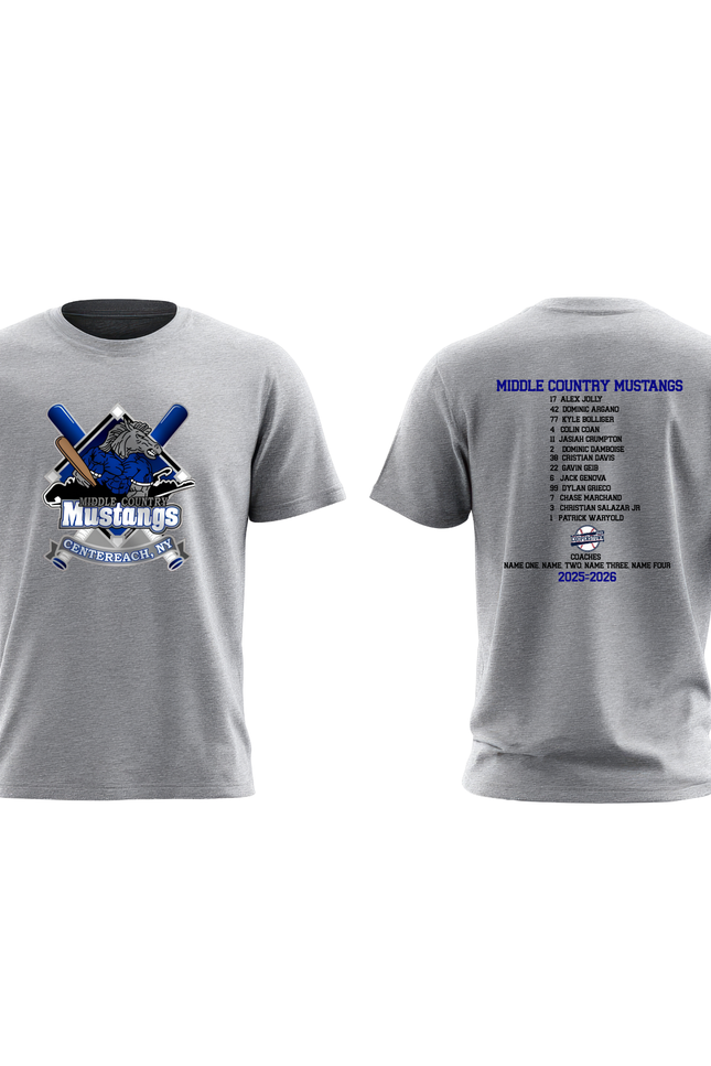 Middle Country Mustangs Team Roster T-Shirt | Front Logo + Player Roster Back